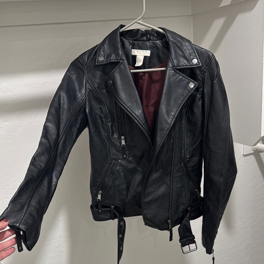 H&M Black Leather Jacket with Burgundy lining